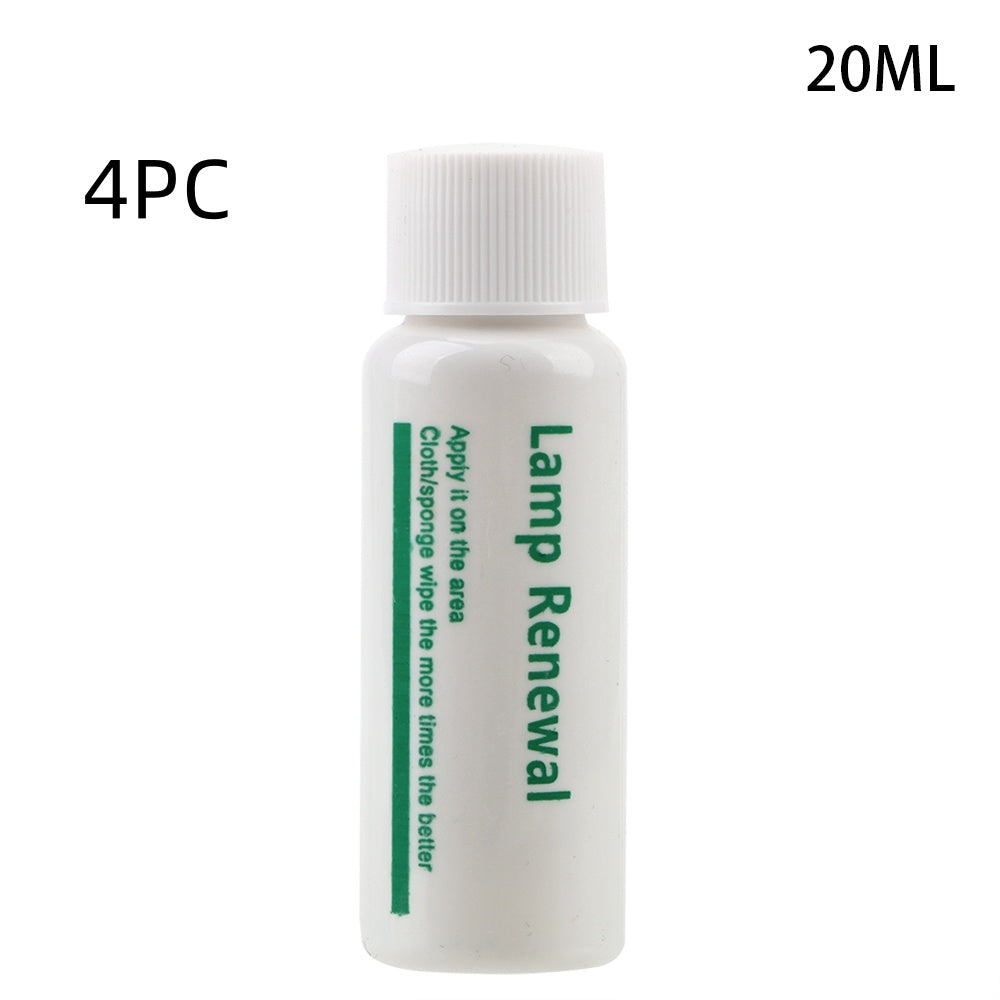 White bottle of lamp renewal liquid with green text 20ML, 4PC, for cleaning and renewing lamp surfaces