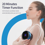 Woman using handheld blue and black massage device on arm with 20 minute timer function