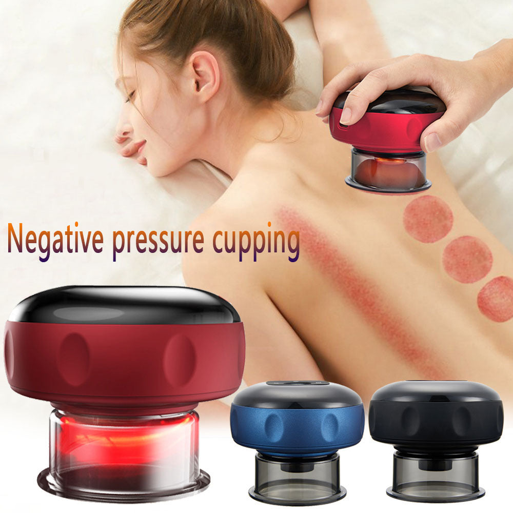 Woman receiving negative pressure cupping therapy on back using handheld red cupping device with bruising marks