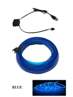 Blue LED neon light strip with USB power cable and connector, glowing in dark