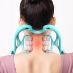 Back view of woman using turquoise neck massager roller on red irritated neck