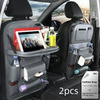 Gray car seat organizers with tablet holder, drink pockets, and storage compartments in back seats
