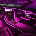 Luxury car interior with purple ambient lighting highlighting dashboard, center console, and door panels