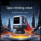 UGREEN Qpa nitriding robot with digital eyes and red cape floating above futuristic sci-fi cityscape