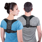 Man and woman wearing black posture correctors over blue and gray t-shirts on white background