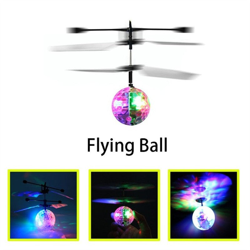 Colorful LED flying ball toy with spinning rotor blades, shown in bright and dark settings