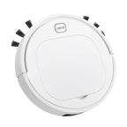 White round robot vacuum cleaner with side brushes and a start button on top