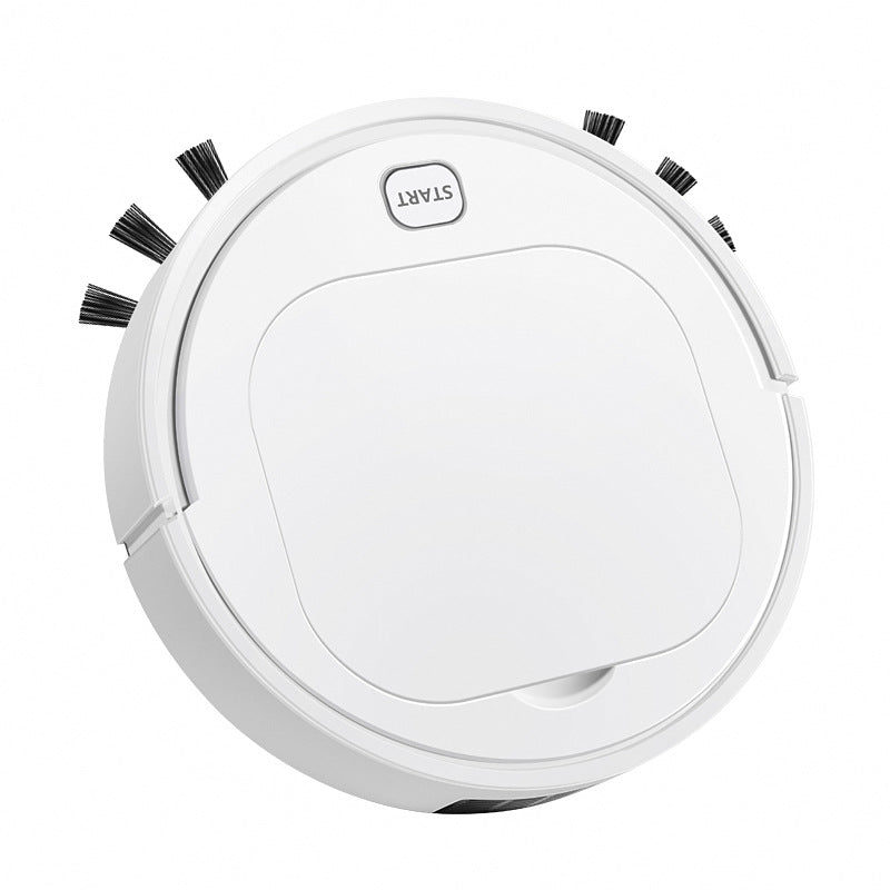 White round robot vacuum cleaner with side brushes and a start button on top