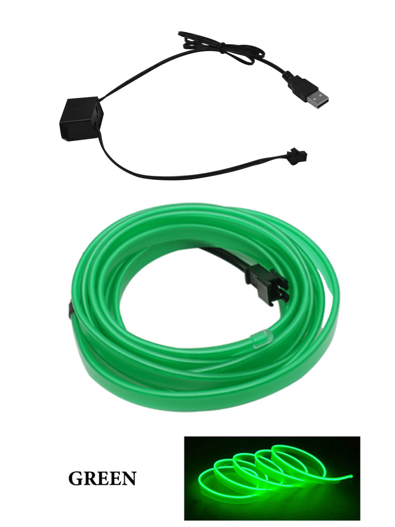 Green EL wire roll with USB power cable and controller for neon lighting