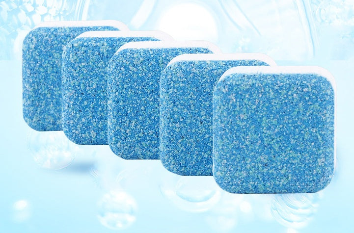 Five blue and white dishwasher detergent tablets floating on a light blue background with bubbles