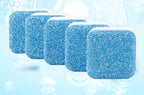 Five blue and white dishwasher detergent tablets floating on a light blue background with bubbles
