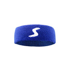 Blue terry cloth sports headband with white stylized 'S' logo on front