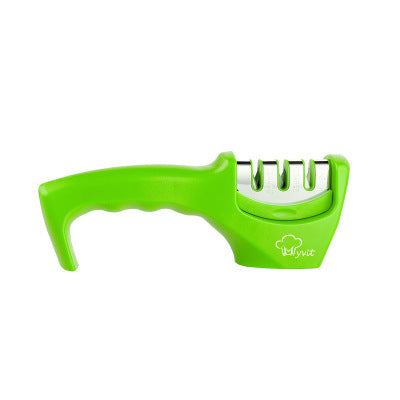Green three-stage handheld knife sharpener with ergonomic handle and white accents