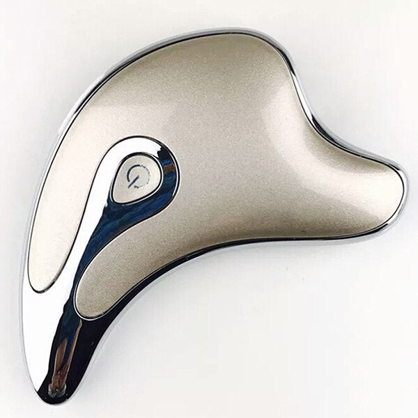 Smooth metallic handheld massage tool with power button and ergonomic curved shape