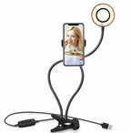 Flexible dual-arm phone holder with ring light and USB, clip-on smartphone stand for hands-free use