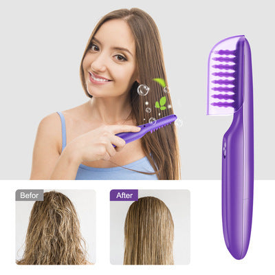 Young woman using purple hair straightening brush with before and after hair results