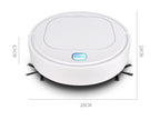 white round robot vacuum cleaner with start button and dual side brushes, 28cm diameter, 6.5cm height