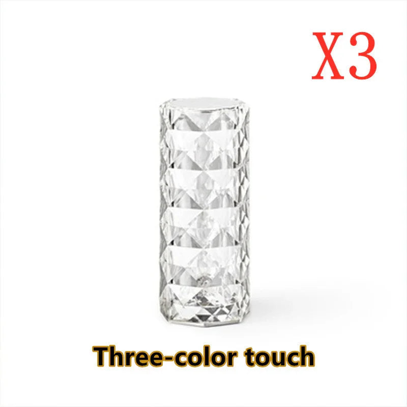 Transparent faceted glass cylinder with geometric pattern, text Three-color touch