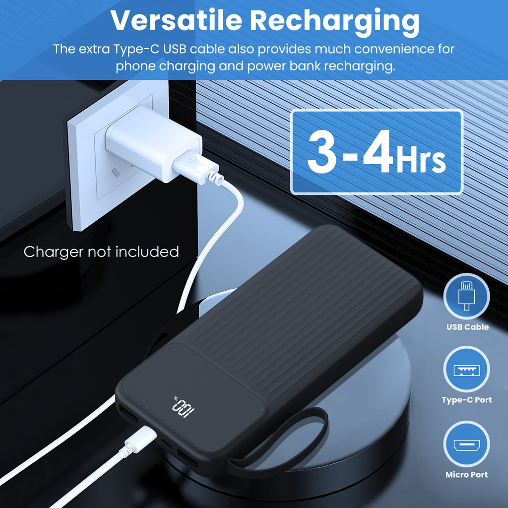 20,000 mAh PD22W Power Bank with In-built Cables