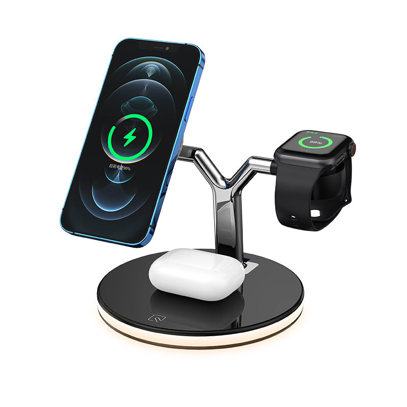 3-in-1 wireless charging station with blue smartphone, black smartwatch, and white wireless earbuds on sleek black stand