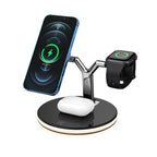 3-in-1 wireless charging station with blue smartphone, black smartwatch, and white wireless earbuds on sleek black stand
