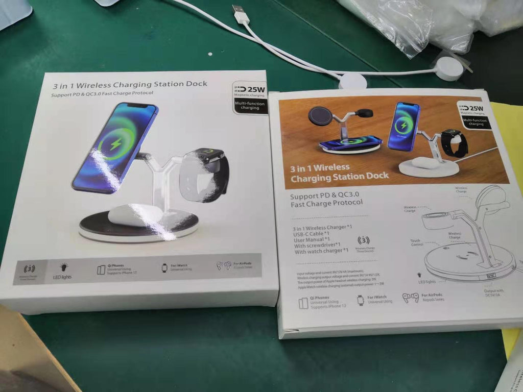 3 in 1 wireless charging station dock packaging showing charging for iPhone, Apple Watch, and AirPods with 25W magnetic fast charge