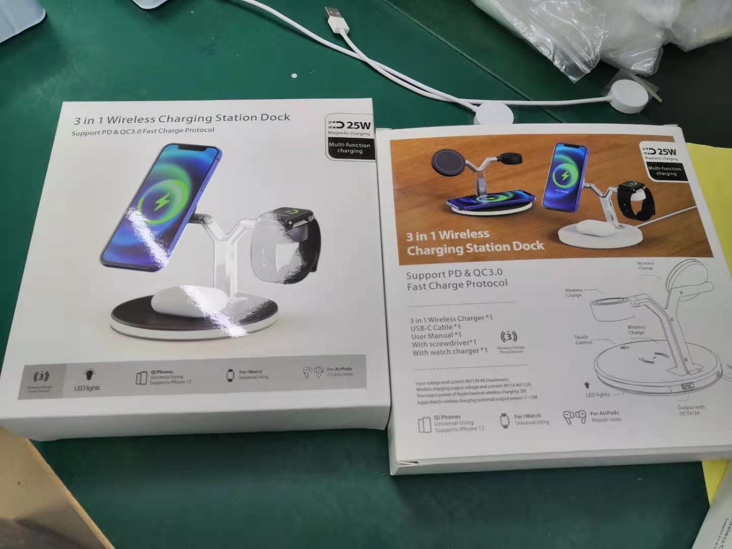 3 in 1 wireless charging station dock packaging showing charging for iPhone, Apple Watch, and AirPods with 25W magnetic fast charge