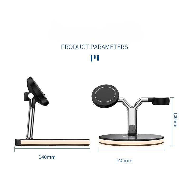Dimensions and side/front views of a modern wireless charging stand showing 140mm width and 100mm height