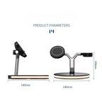 Dimensions and side/front views of a modern wireless charging stand showing 140mm width and 100mm height