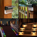 Solar-powered outdoor LED step lights mounted on wooden fences and stairs, showing day and night views