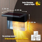 Solar changing wall light glowing bright at night with dimensions and included accessories and lights