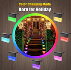 Color changing holiday outdoor stair lights with multi-color mode on decorated house entrance