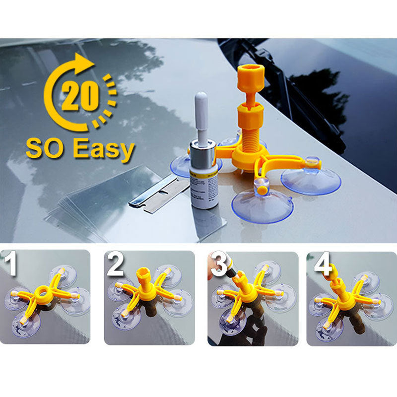 Yellow windshield repair kit with suction cups and resin bottle on car hood, step-by-step installation guide