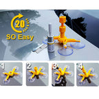 Yellow windshield repair kit with suction cups and resin bottle on car hood, step-by-step installation guide