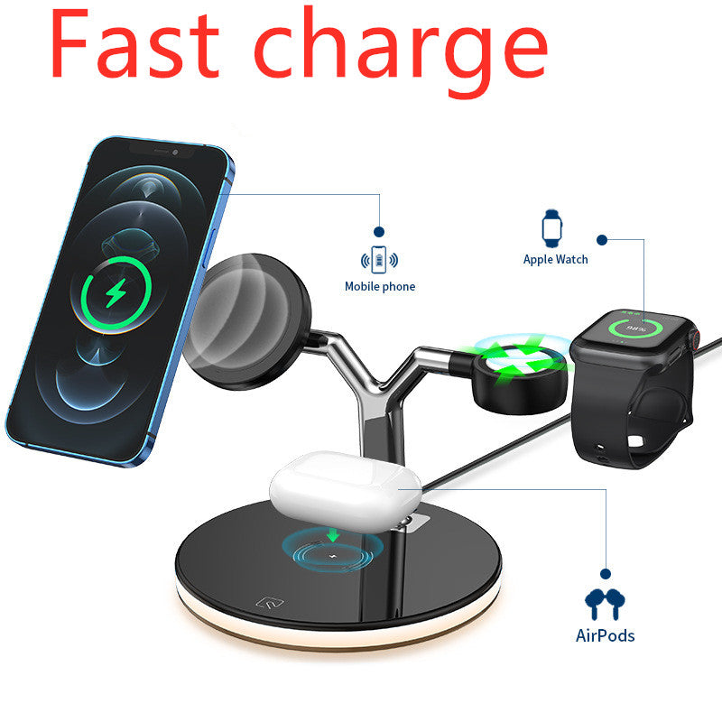 3-in-1 wireless fast charger station for mobile phone, Apple Watch, and AirPods with sleek black design