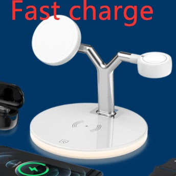 White wireless fast charging stand with round pads on a blue background featuring 'Fast charge' text