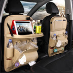 Beige car backseat organizers with storage pockets, tablet holder, bottle slots, and tissue dispenser