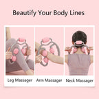 Pink body massager with textured rollers used on leg, arm, and neck for muscle relaxation