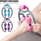 Gripper massager with pink textured rollers used on leg for 360-degree muscle massage; also shown in blue and purple