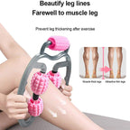 Leg massage roller with pink textured wheels used to slim and beautify leg lines, preventing muscle thickening