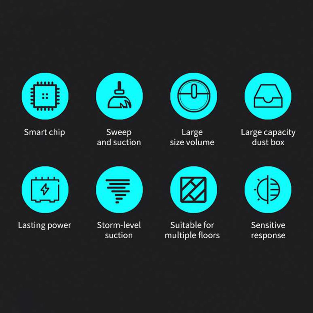 Blue icons on black background showing robot vacuum features: smart chip, sweep suction, large volume, dust box, lasting power, storm suction, multi-floor, sensitive response