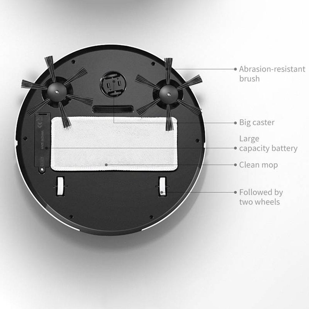 Bottom view of robotic vacuum cleaner showing abrasion-resistant brushes, big caster wheels, large capacity battery, and clean mop