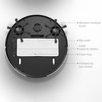 Bottom view of robotic vacuum cleaner showing abrasion-resistant brushes, big caster wheels, large capacity battery, and clean mop