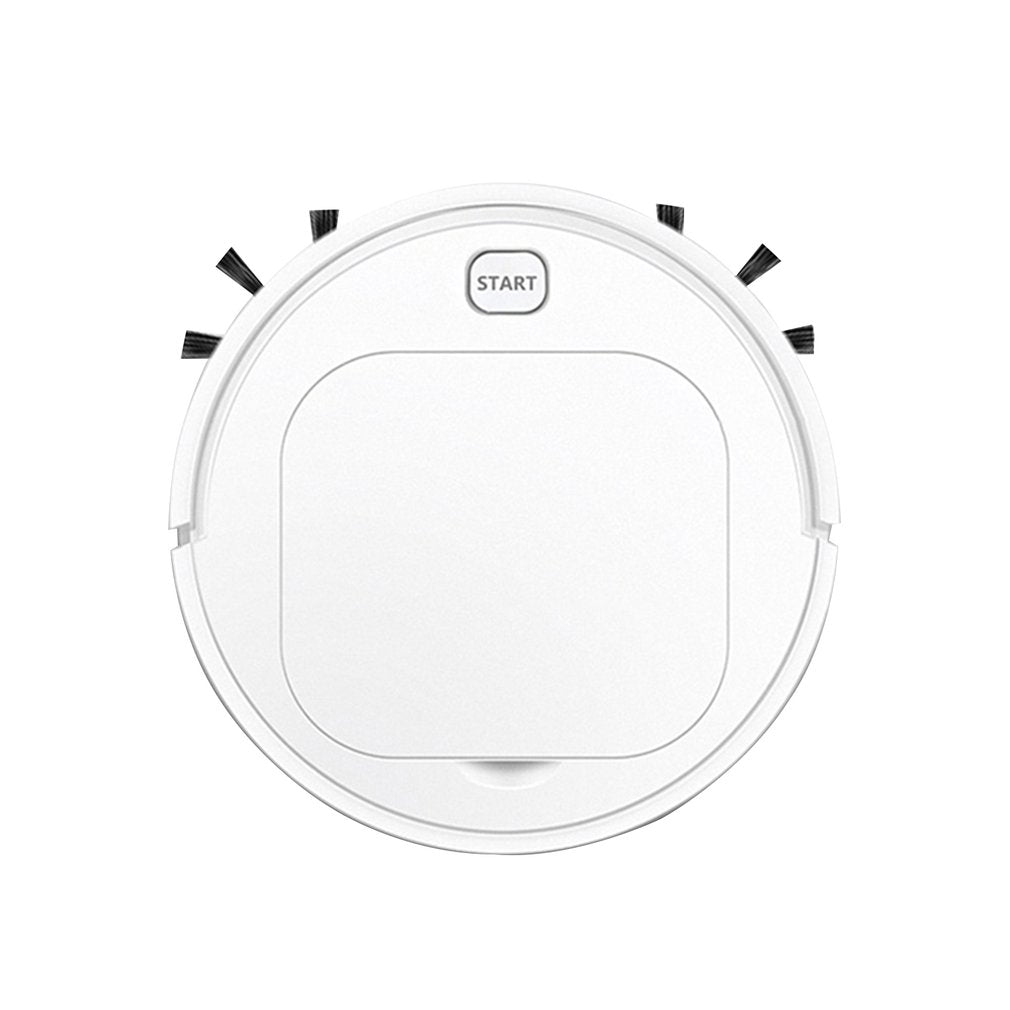 White robotic vacuum cleaner with side brushes and a start button on top