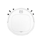 White robotic vacuum cleaner with side brushes and a start button on top