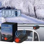 Rayhong electromagnetic antifreeze device on car dashboard showing snow-covered parking lot in winter