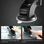 Black suction cup phone holder with locking mechanism on smooth surfaces, easy adjustment steps