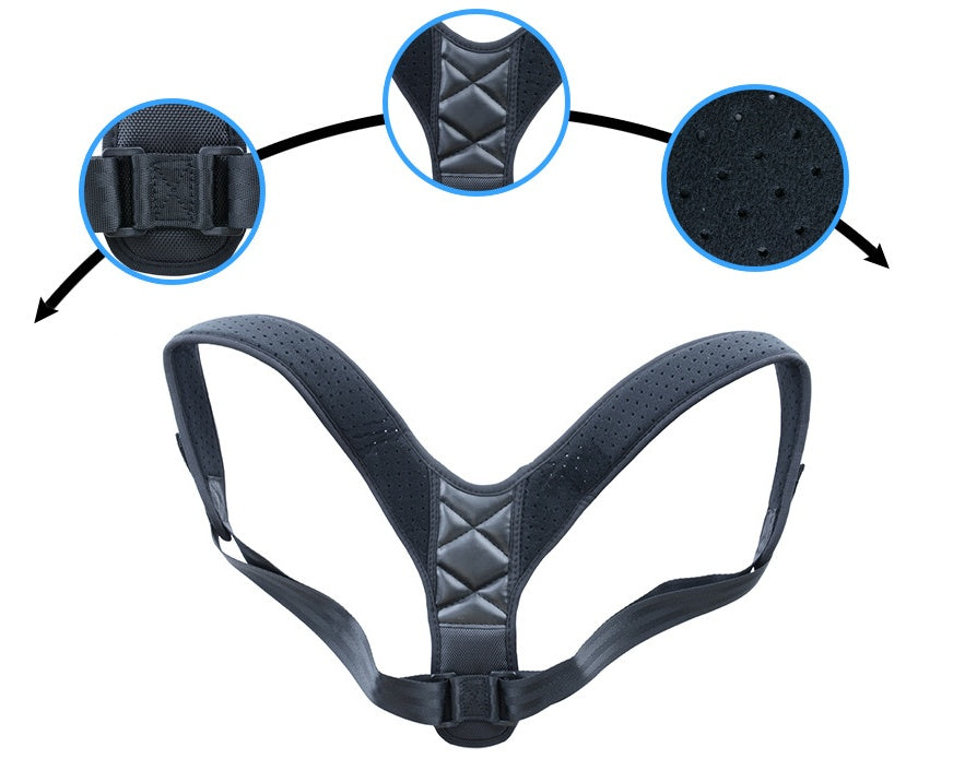 Black adjustable posture corrector brace with padded straps and breathable perforated fabric