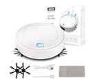 white USB rechargeable robot vacuum cleaner with side brushes and cleaning accessories