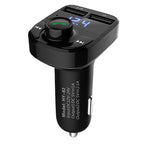 Black car charger FM transmitter with dual USB ports and LED display showing 12.4